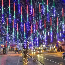 Luces LED de lluvia de meteoritos para decoración de árbol, Hada de lluvia que cae al aire libre, luces de carámbano de goteo, enchufe de la UE/EE. UU., Navidad, boda