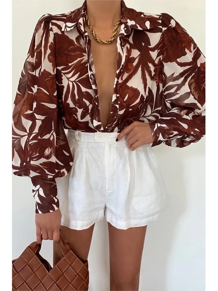 Spring Women Shirt Print Button Lantern Sleeve Elegant Office Loose Blouses 2024 Female New Summer Casual Fashion Ladies Clothes