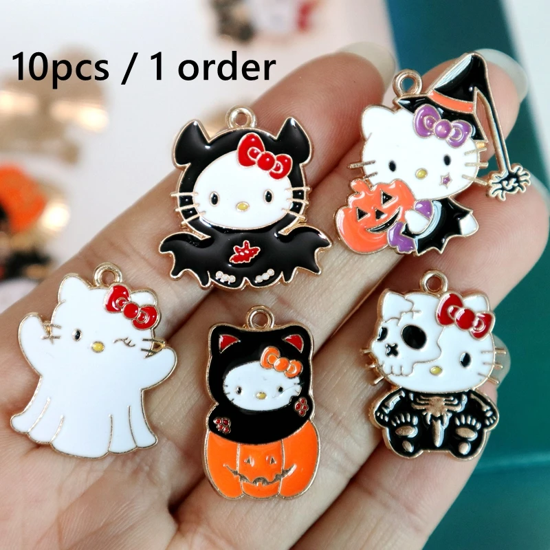 10PCS Kawaii Halloween Pumpkin Ghost Metal Pendant Cute Hello Kitty Alloy Charm DIY Necklace Bracelet Keychain Jewelry Accessory