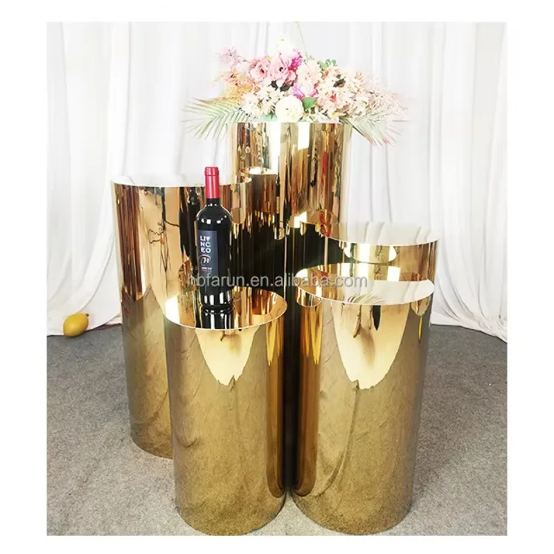 

Factory Customized Gold Stainless Steel Cake Pedestal Round Cylinder Dessert Table Cake Plinth Stand for Wedding Decoration