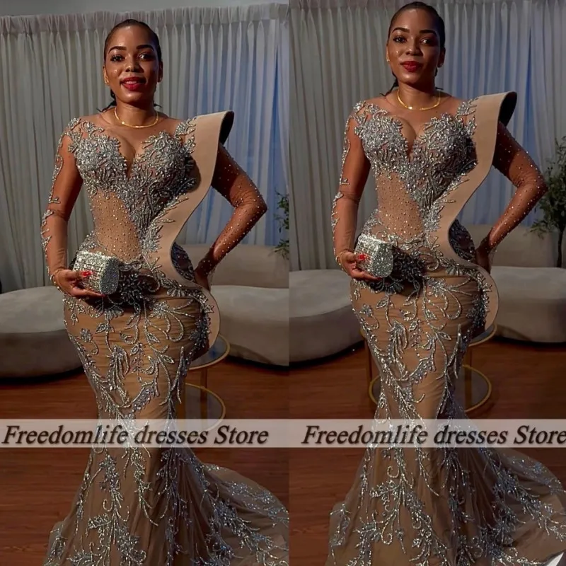 

Luxury Mermaid Evening Dresses 2025 Sequin Aso Ebi Wedding Party Dress Guests Long Sleeves Prom Gowns Customized