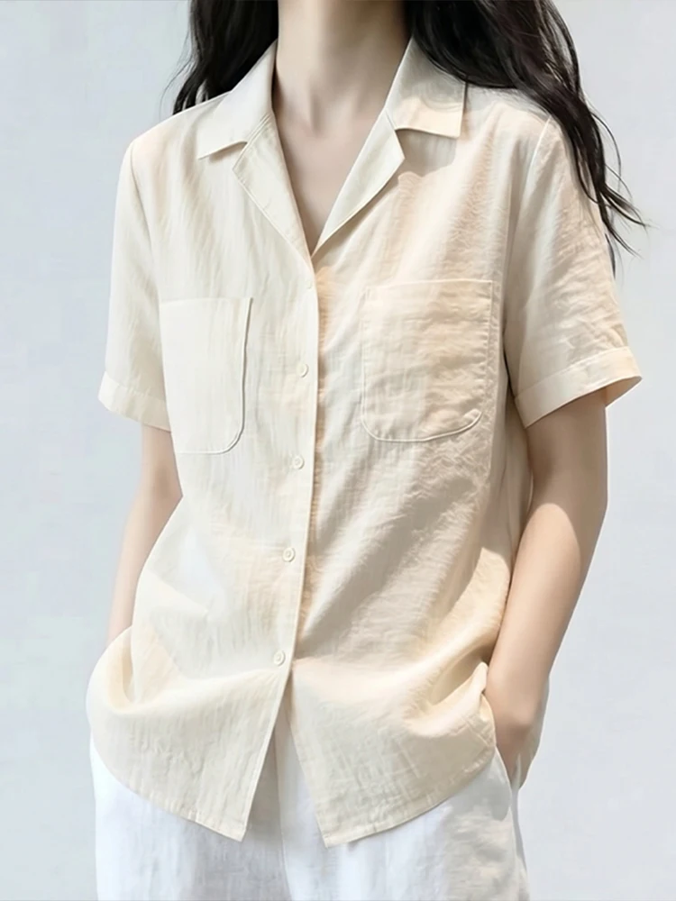 Chic Short Sleeve Collared Shirt Women's Apricot Color Slimming Fashionable Top for Summer 2026 Elegant Style Commute Friendly
