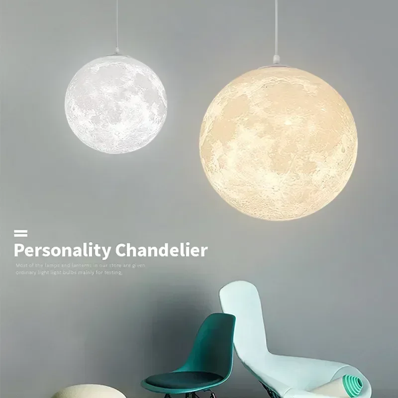 Nordic 3D Printed Moon Pendant Light Children's Room Dining Room Bedroom Balcony Circular Single Head Workwear Planet Light