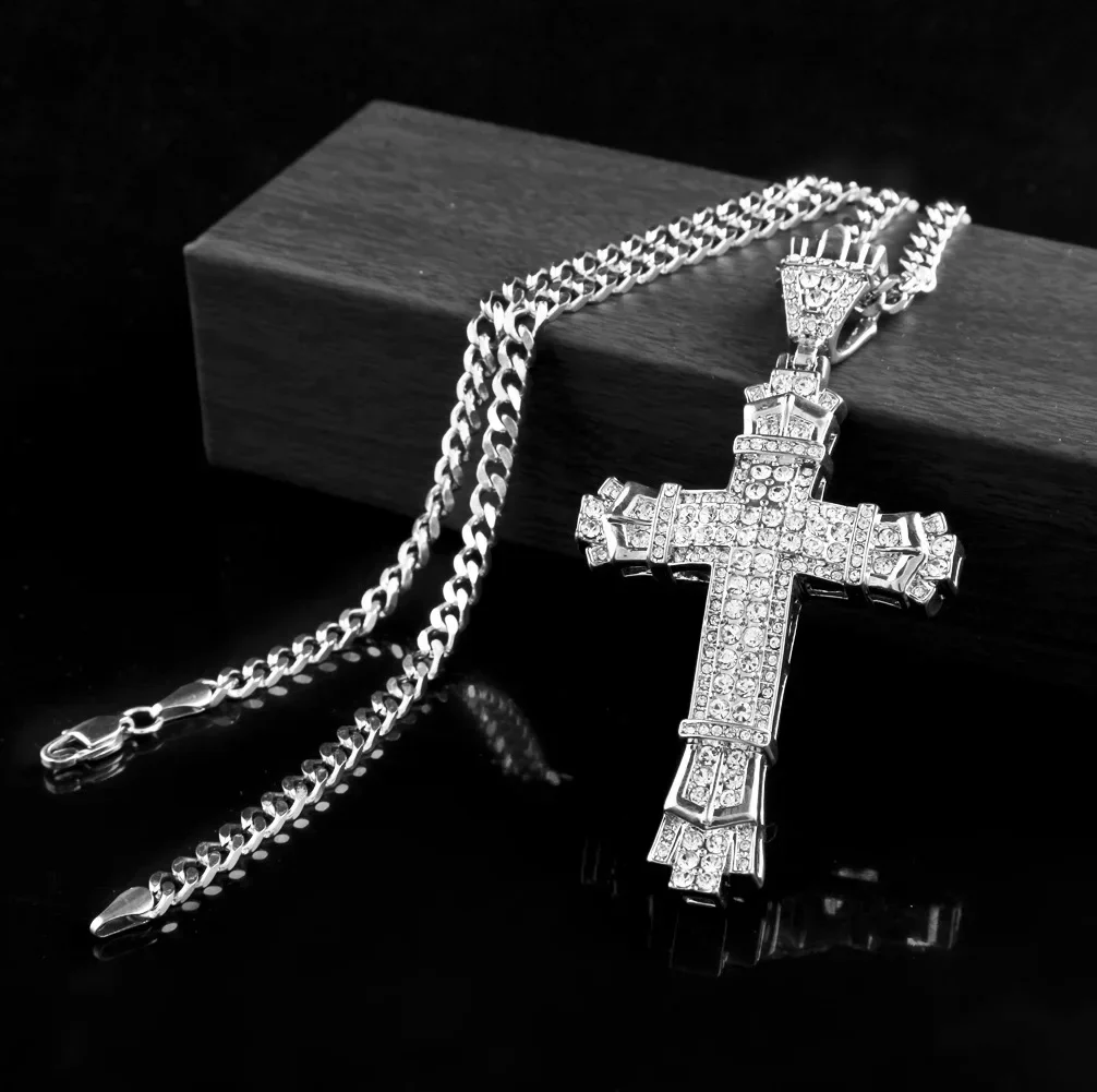 Hip Hop Ice Out Cross Pendant Necklace Men Street Hip Hop Rap Fashion Jewelry Religious Christian Amulet Necklace