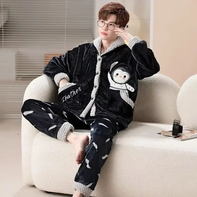 Autumn Winter Sleepwear Flannel Plush Thicken Loungewear Male nightgown Cartoon Cute Coral Velvet Home Clothing suit Pajamas