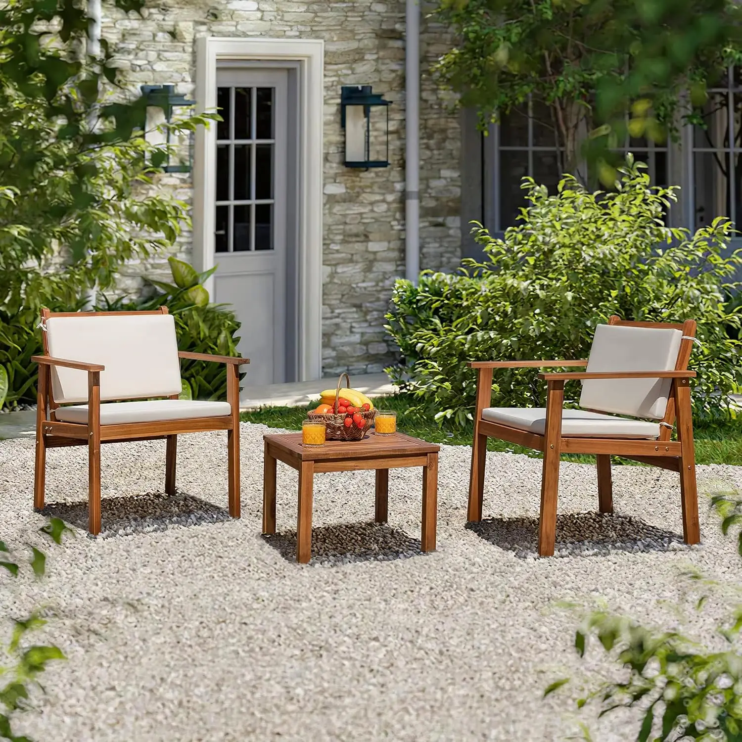 Ensemble de meubles d'extérieur en bois d'acacia, siège de conversation avec table et coussins, chaises de porche pour balcon, terrasse, arrière-cour, 3 pièces