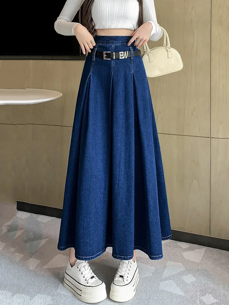 New Women Spring Summer Long Denim Skirt Fashion Vintage High Waist A-Line Skirt Casual Simplicity Blue Denim Skirt