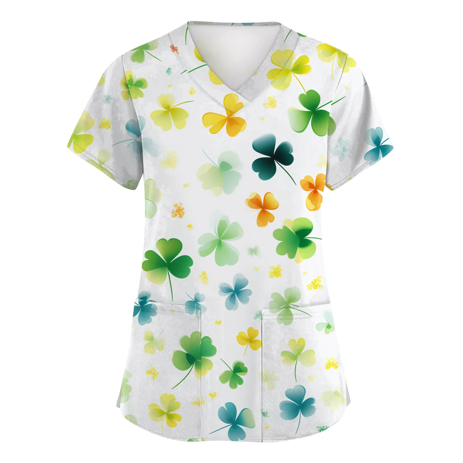 

Surgical Uniforms Woman St. Patrick's Day Printed Uniform Top Short Sleeve V-neck Thin Breathable Pharmacy Workwear Scrub Top