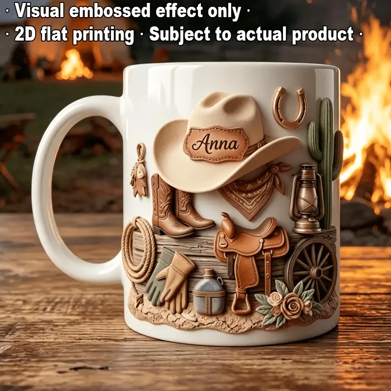 Personalized Western Ceramic Coffee Mug 11oz, Custom Name Cowboy Boot Saddle Design, Dishwasher Safe, Gift for Cowboy