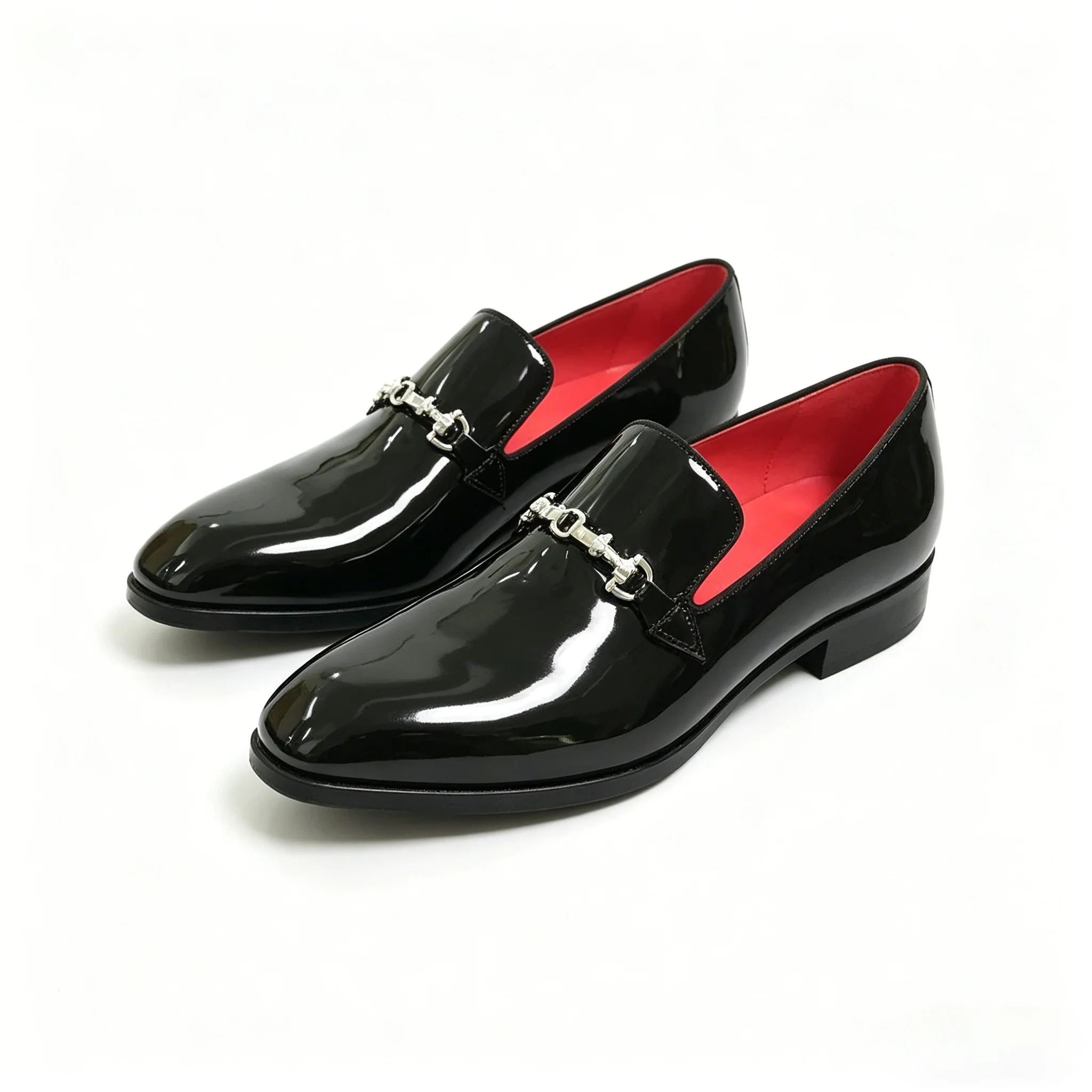 Men's Formal Patent Leather Black Loafers with Metal Clasp Flat Small Square Toe Shoes for Summer Wedding And Office
