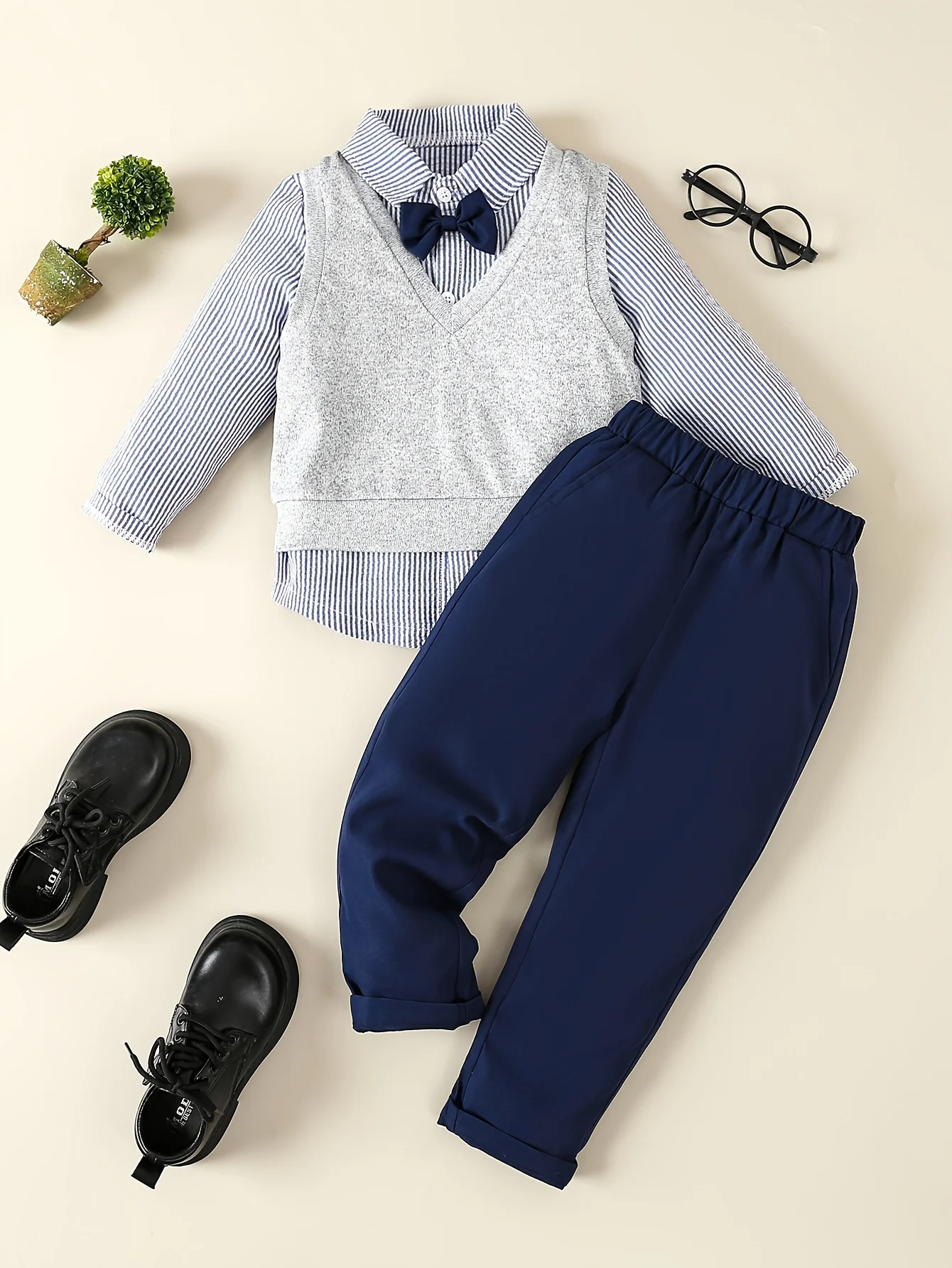 Boys Autumn Thin Gentleman Dress Blue Stripe Bow Shirt+Grey Thin Vest+Pants Three Piece Party Dress Set