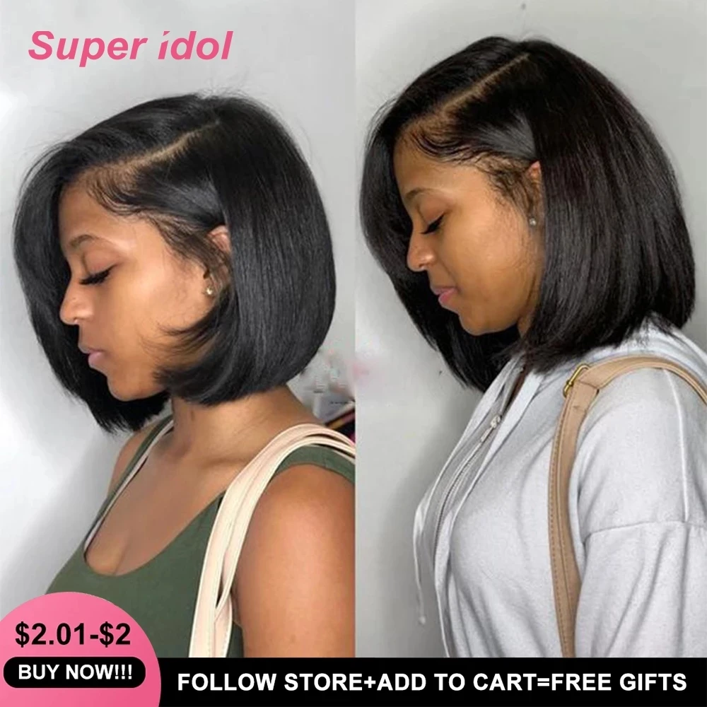 Blunt Cut Bob Wigs Brazilian Straight Lace Closure Human Hair Wigs For Black Women Remy 180% Density 4X4 Lace Closure Bob Wig