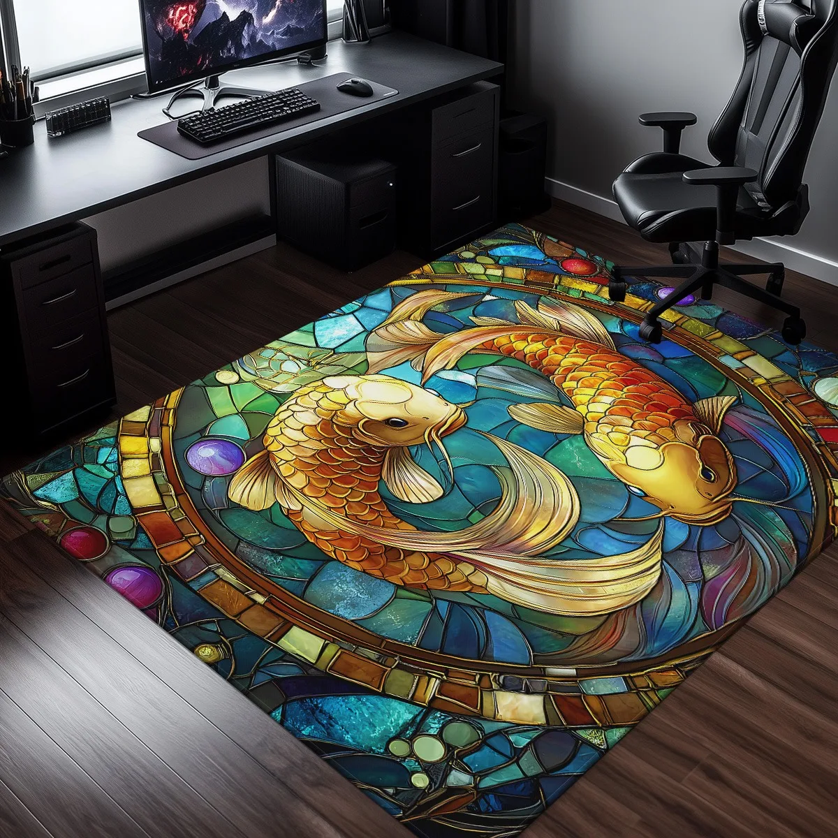 

Stained glass koi fish rug Japanese garden art living room floor mat colorful mosaic design aquarium style soft plush crystal