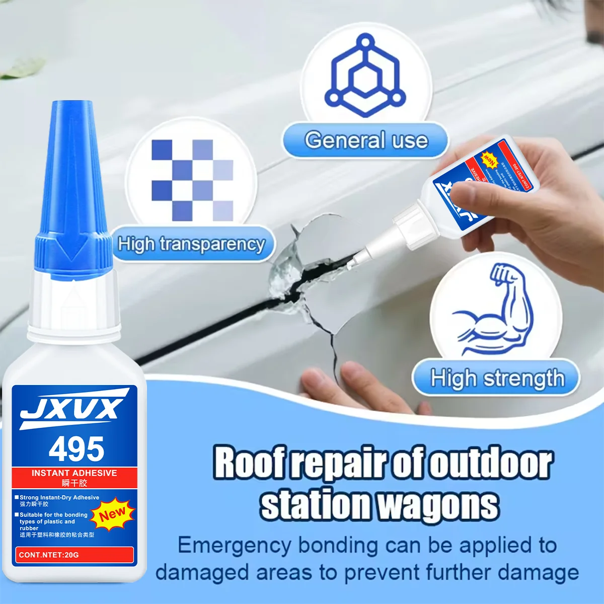 Adhesivo instantáneo 495/480 ecológico recientemente mejorado. Contiene cianoacrilato superresistente adecuado para reparaciones automovilísticas. Caucho, plástico, madera. Con aplicador de precisión. Pegamento 110 ml.