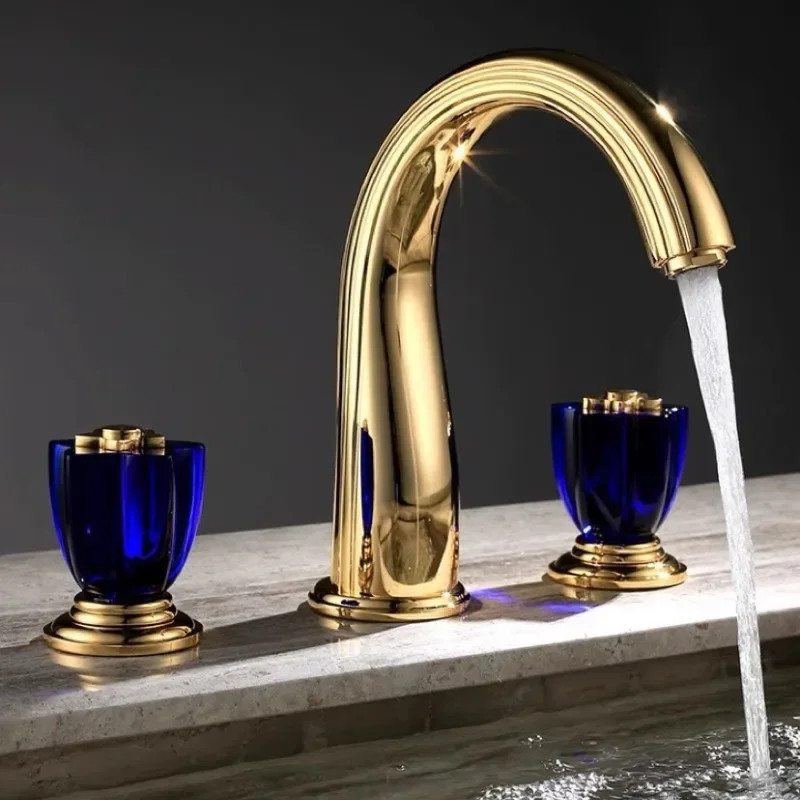 Luxury Basin Faucets Brass Gold Bathroom Faucet Crystal Handle Sink Faucets 3 Hole Hot And Cold Sink Faucet Water Tap