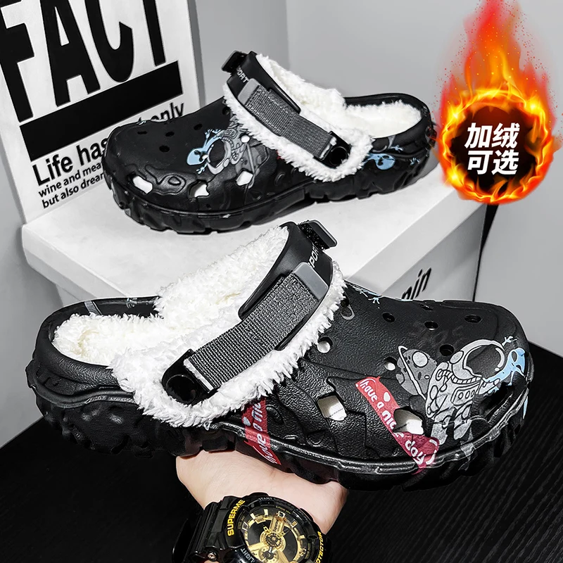 

Winter Men Clogs Warm Furry Slippers Removable Soft Home Cotton Shoe EVA Fluff Slides Casual Sandal Outdoor Plush Fur Clogs