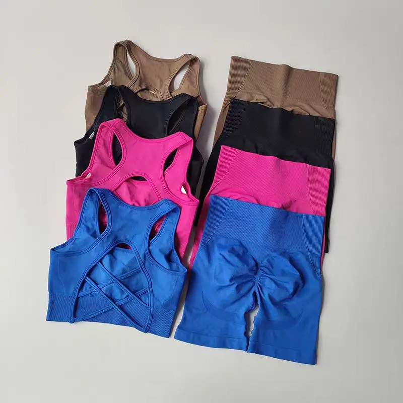 2 PCS Women Seamless Yoga Set Sexy Sport Bra + High Waist Sports Shorts Gym Clothing Fitness Sleeveless Shorts Suit Sporstwear