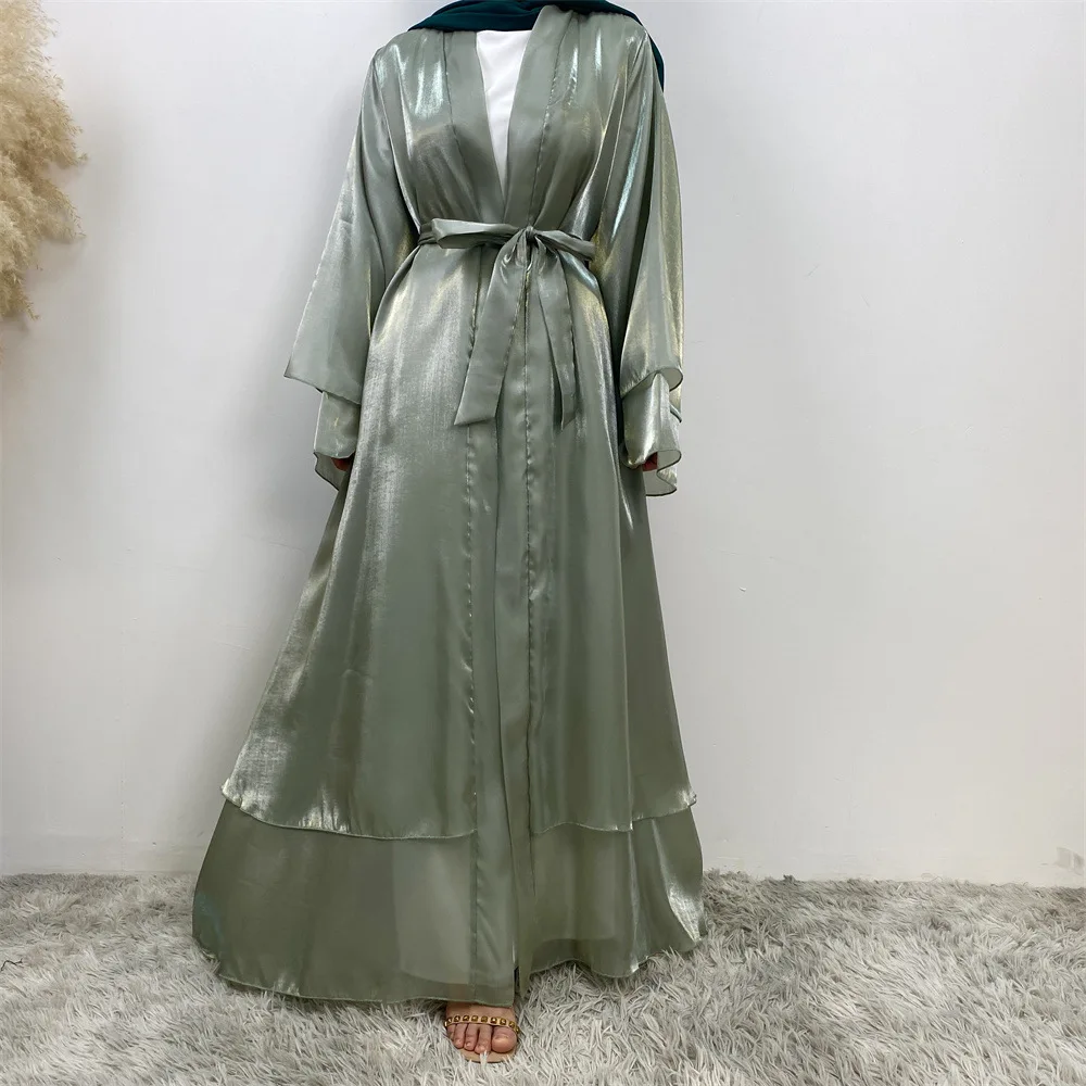 Femme Musulmane Shiny Satin Kimono Cardigan Open Abayas for Women Muslim Dress Dubai Abaya Kebaya Ramadan Jalabiya Eid Robe Gown