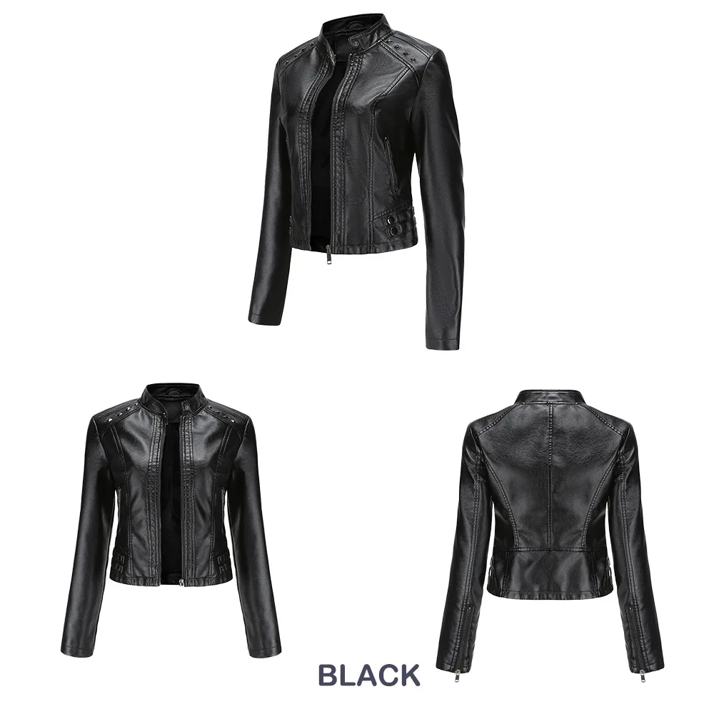 Women's Rivet PU zipper Leather Coat, Black Motorcycle Jacket, Standing Collar, Korean Punk Rock Fashion, Autumn and Winter