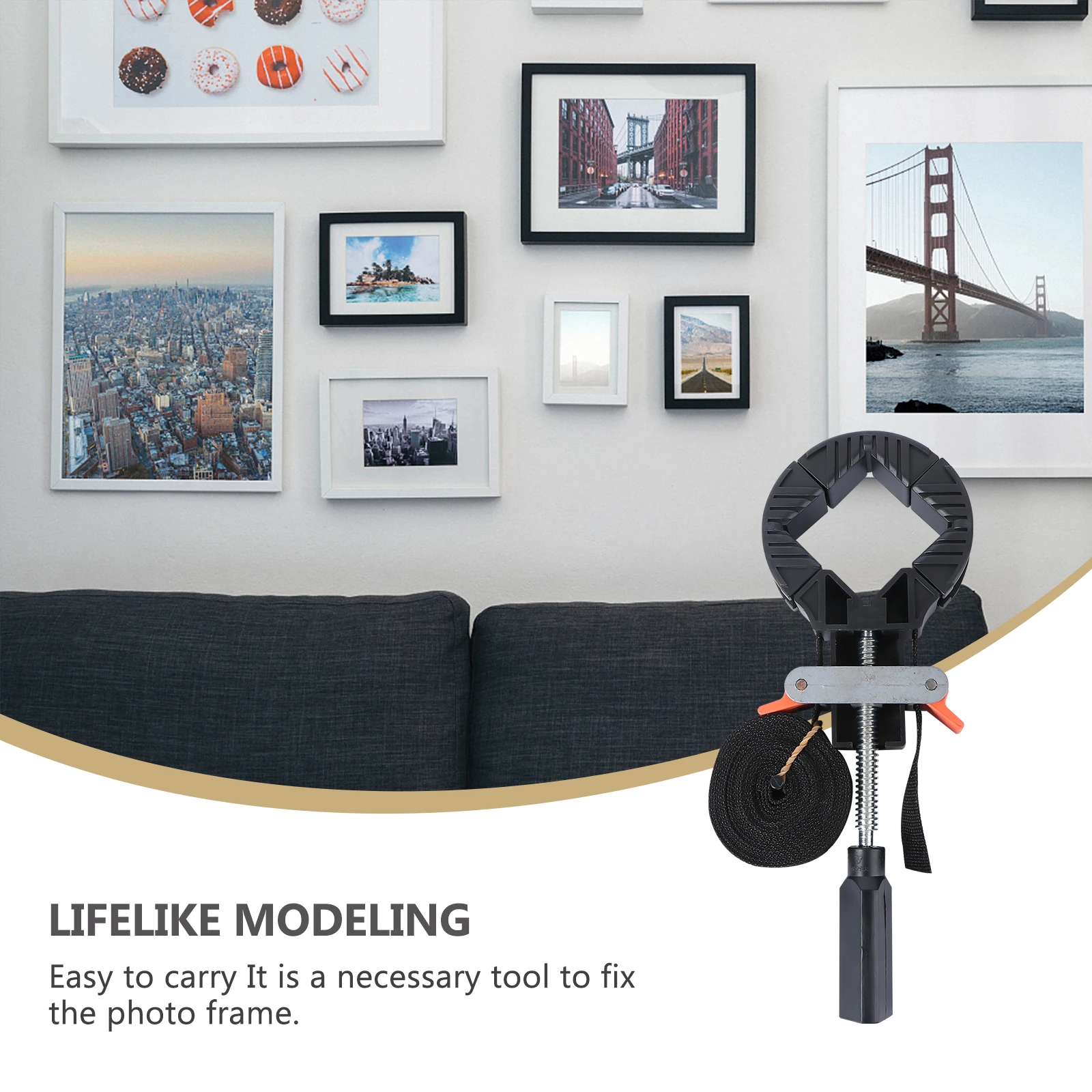 

Photo Frame Clamp Right Angle Strap Quick Tightening Plastic Corner Jaws Woodworking Large Surfaces Uniform Bonding Process