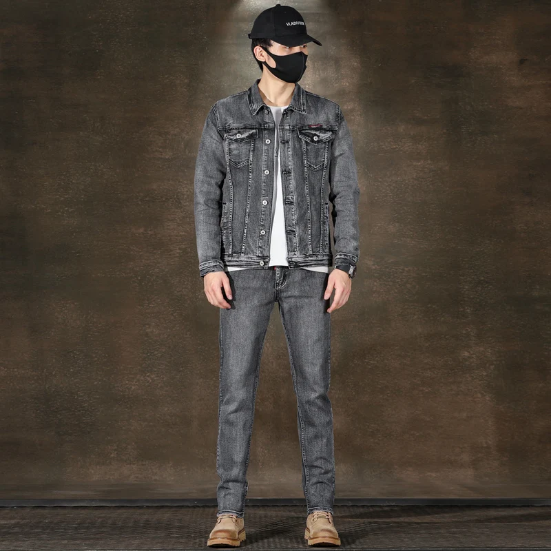 2024 Frühling und Herbst American Grey Denim Jacke Set klassische einfache gewaschene Stretch Jeans Männer Kleidung Kleidung für Männer