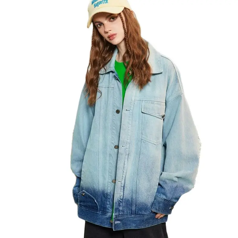 

2023 Spring and Autumn New Fashion Brand Washed Gradual Patchwork Denim Jacket Men and Women Lapel Small Fragrant Wind Coat Z777