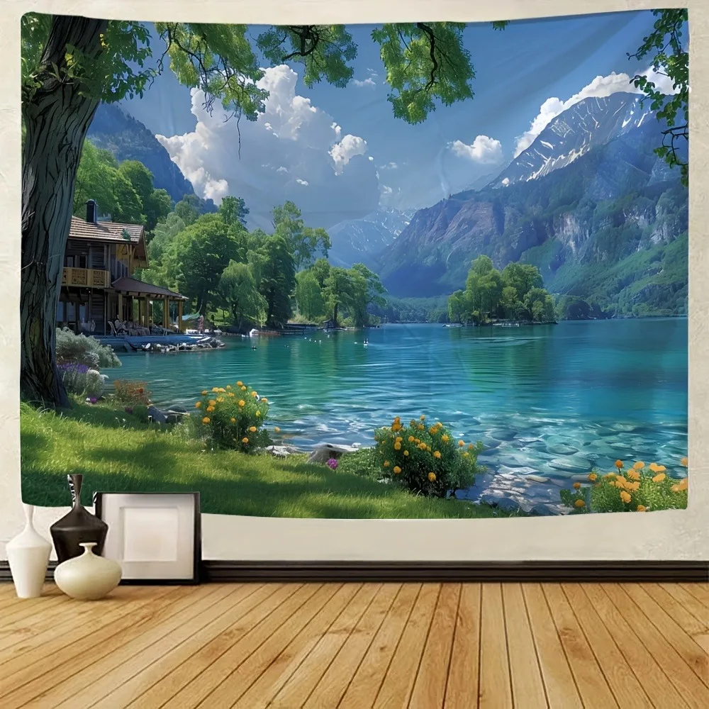 

Гобелен с бирюзовым озером и горным коттеджем: идиллический узор сцены природы Cottagecore Serene, настенный декор для гостиной, спальни