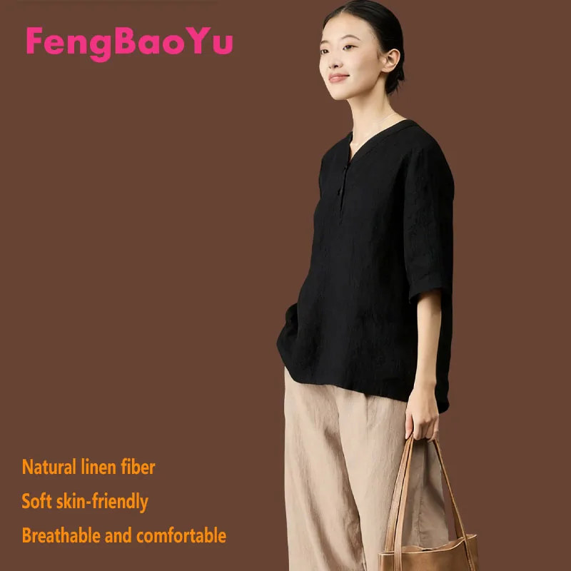 

Fengbaoyu 100% Linen Women's T-shirt Short Sleeve V-neck Top Simple and Elegant, Casual Fashionable Shirt Cool and Comfortable