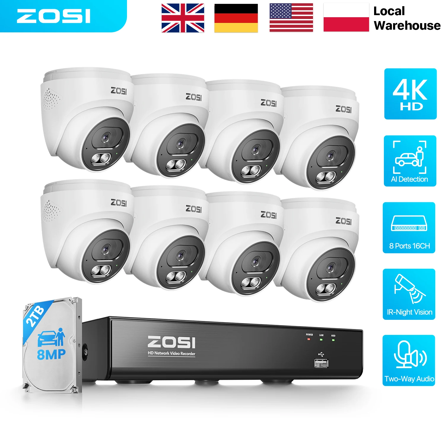 ZOSI 4K PoE Security Camera System 8MP Waterproof Outdoor Indoor IP Cameras 2-Way Audio 8CH CCTV NVR(16CH Expandable) Home Video Surveillance