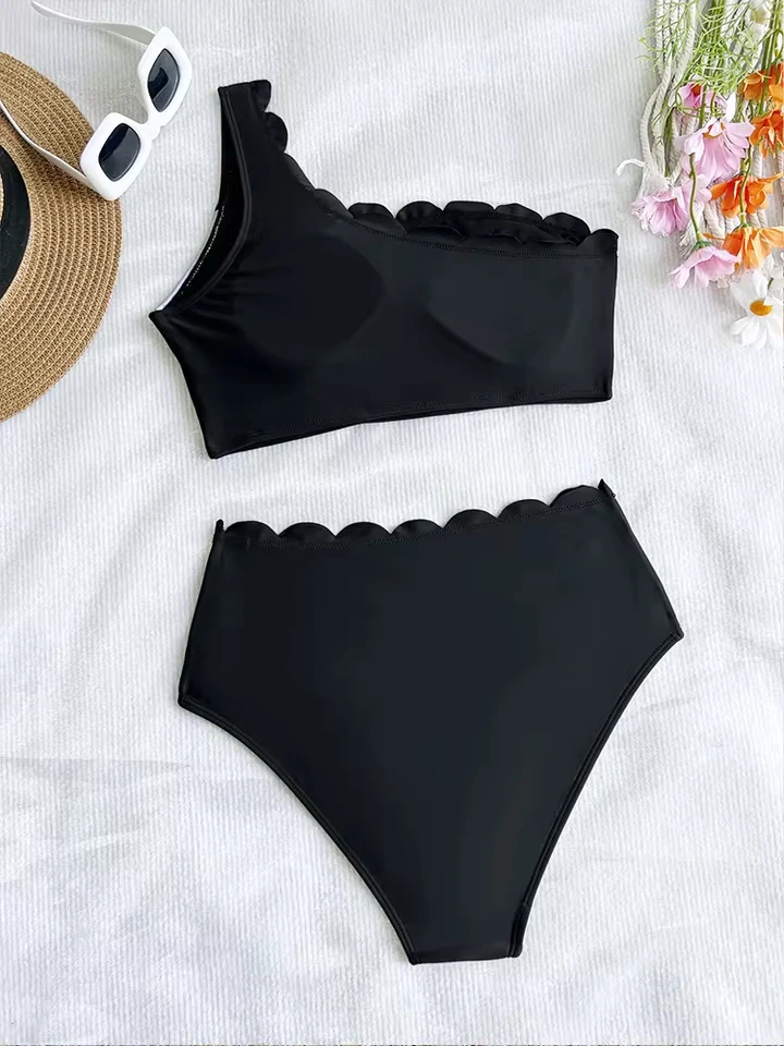 Waist Swimsuit Summer Bathing Suit Vacation Swimwear Sexy Black White Patchwork Bikini Women Ruffles One Shoulder Push Up High