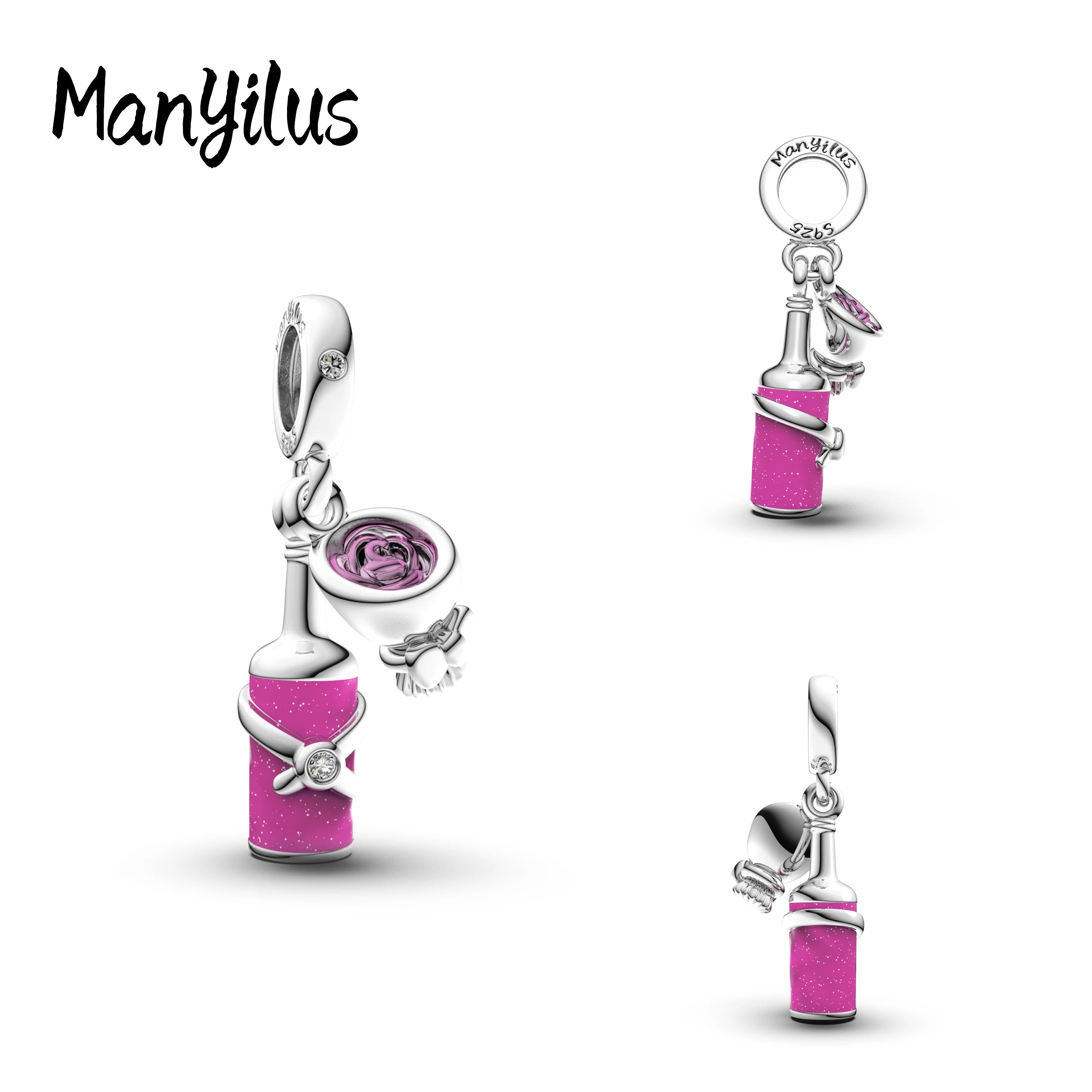 

Manyilus S925 Silver Pink Rose Bouquet in Bottle Charm for Original Bracelet Romantic Preserved Flower Jewelry Pendant DIY Timel