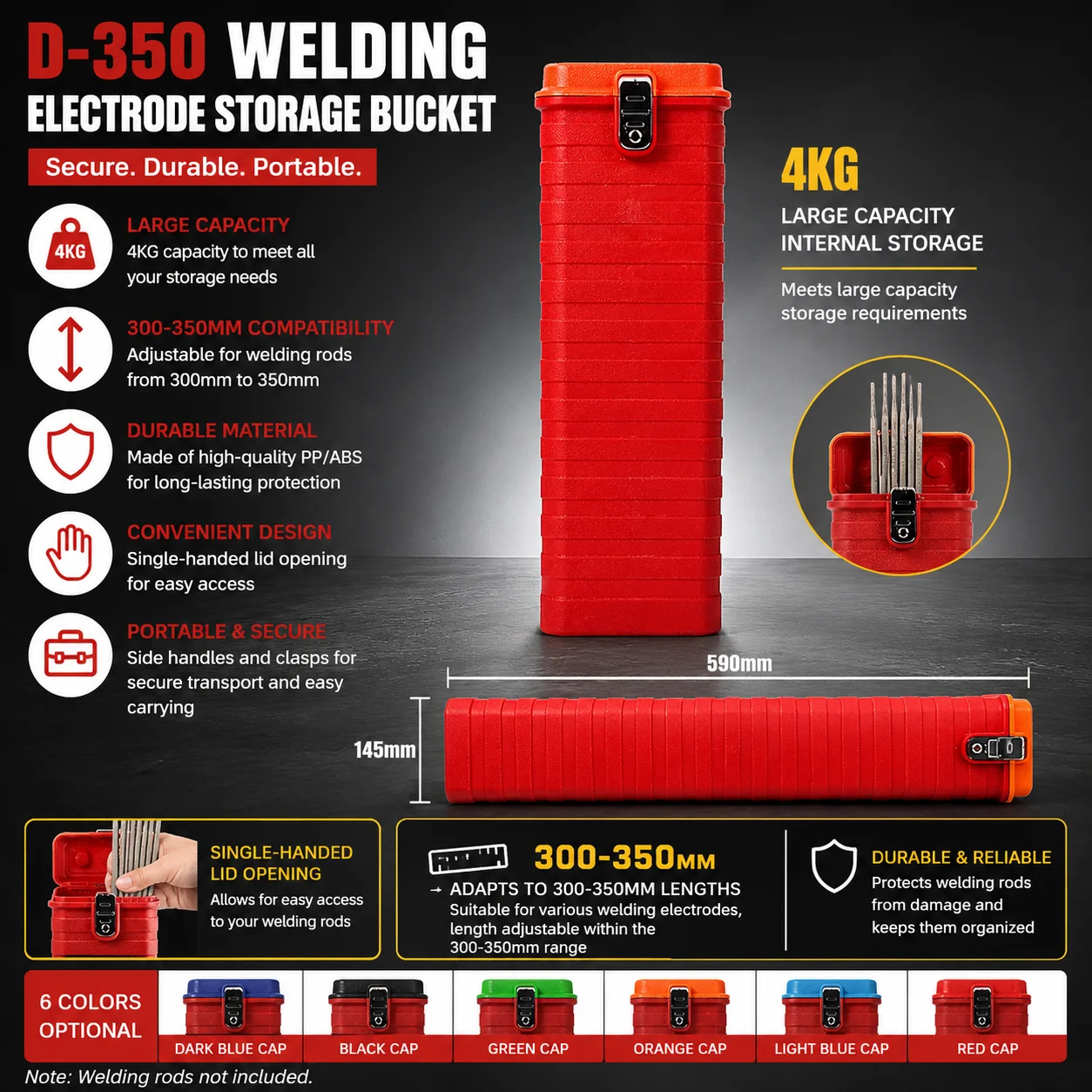 4KG Capacity Welding Electrode Storage Bucket Moisture-proof Electrode Holder Portable Welding Rod Storage Box For 300-350mm Rod