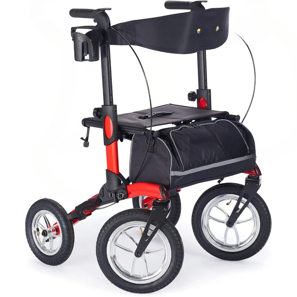 Wheeled Rollator with Extra Wide Seat and Brakes for Adults and Seniors, Easy Folding, 4 Wheel, Modena Red