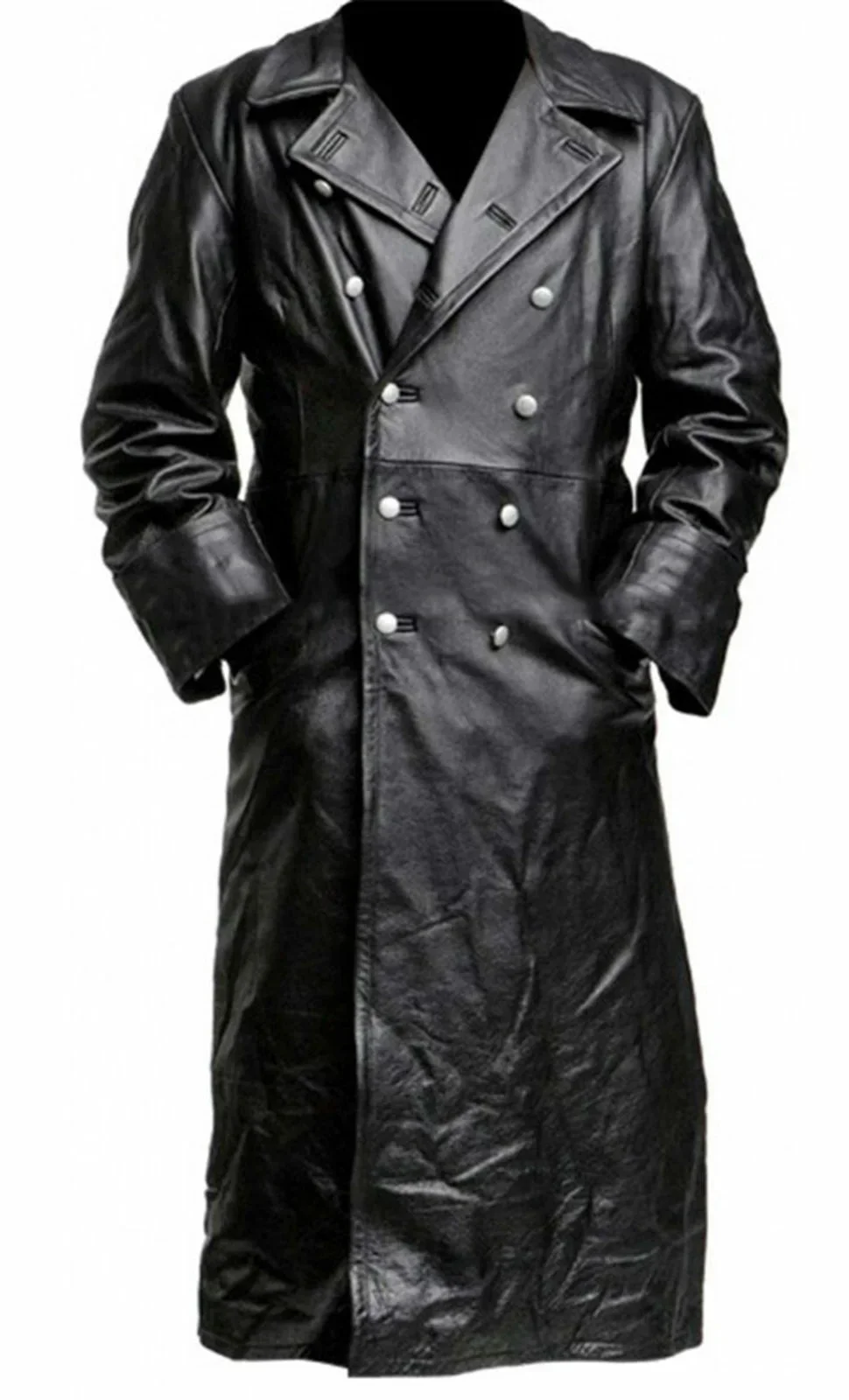 

MEN'S GERMAN CLASSIC WW2 MILITARY UNIFORM OFFICER BLACK LEATHER TRENCH COAT mens leather jacket mens jacket