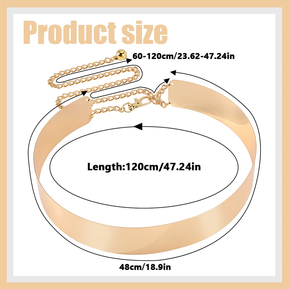 Gold Metal Belt Adjustable Gold Shiny Waist Belts Polished Mirror Chain Waistband Strap for Woman Dresses Wedding