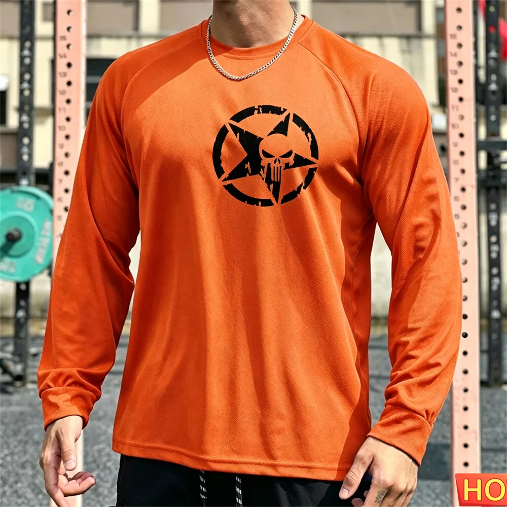 Autumn Men's Long sleeved T-shirt Pentagram Skull Men's Fitness T-shirt Cotton Elastic Sports T-shirt Breathable Graphic T-shirt