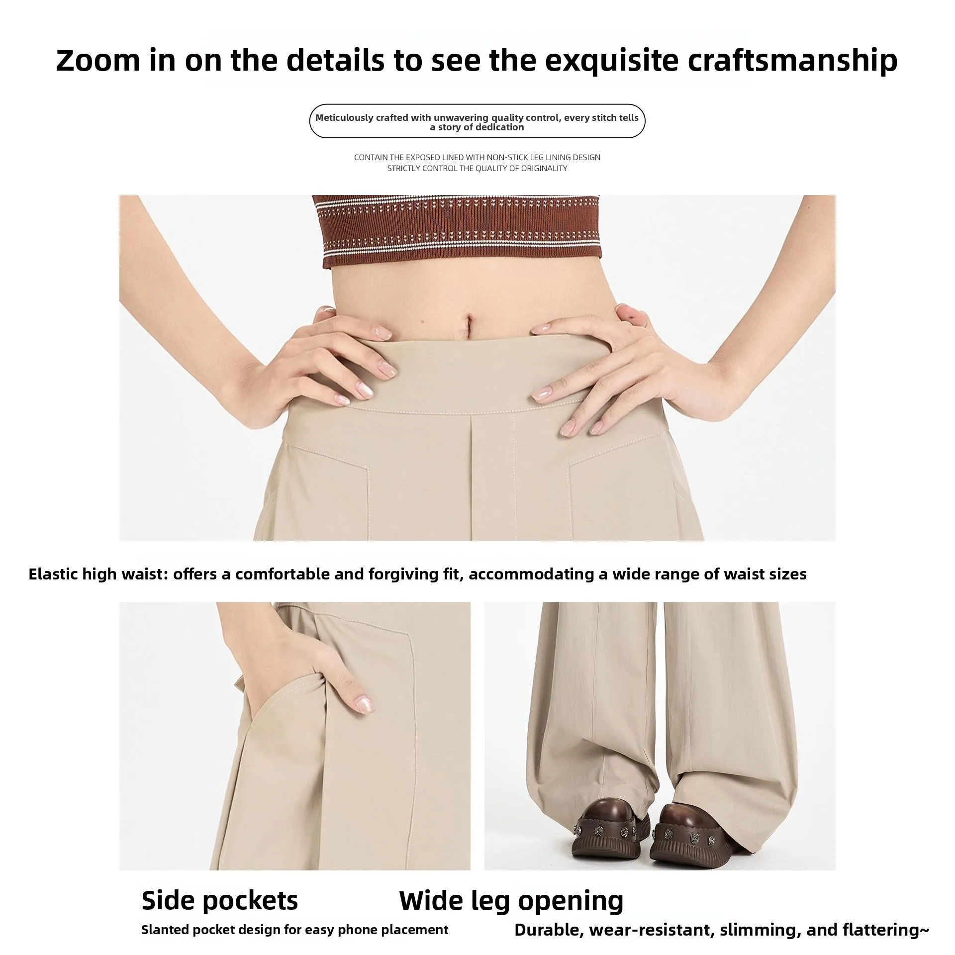 Khaki Casual Loose Straight Leg Pants Women's Low Waist Design Sensation High Street Style Wide Leg Suiting Trendy Girls view 3