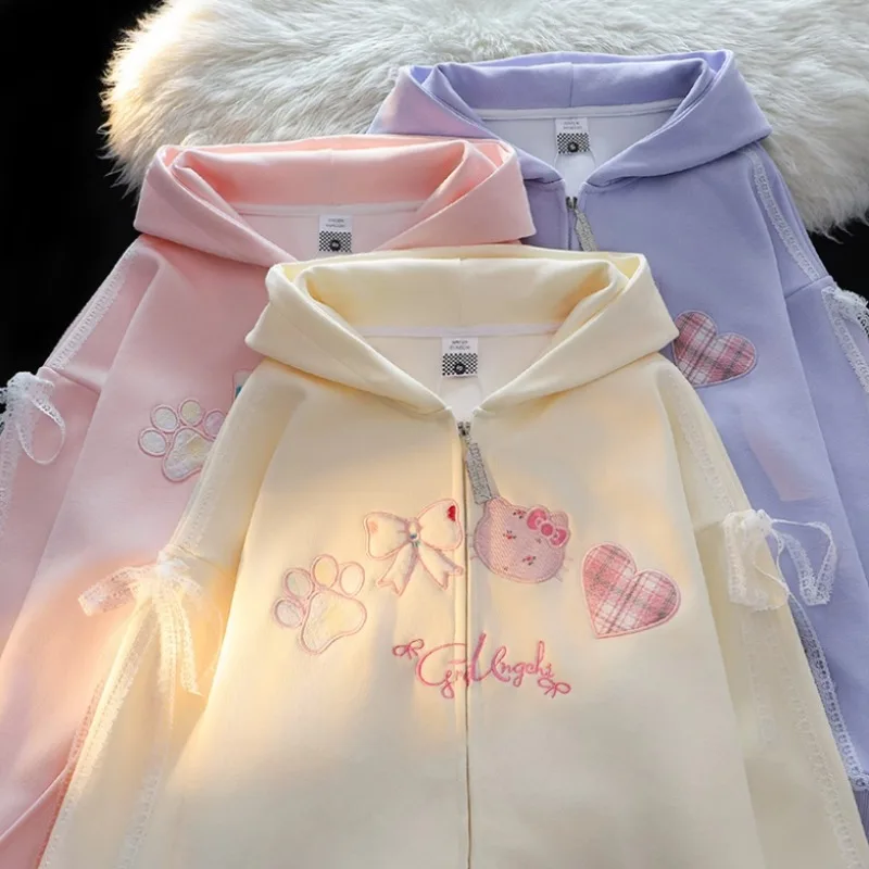 High Quality Lolita Cute Bows Cat Embroidery Hoodie Jacket Sweet Preppy Style Women Girls Loose Zipper Oversized Sweatshirt Coat