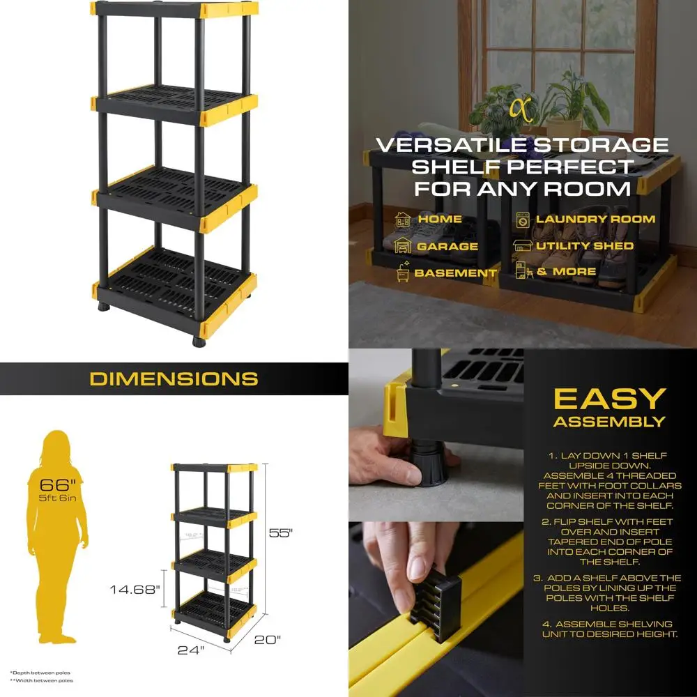 

Heavy Duty 4-Tier Plastic Shelving Unit for Indoor and Outdoor Use - Holds 100lbs per Shelf, 55H x 24W x 20D, Ideal for Organiza