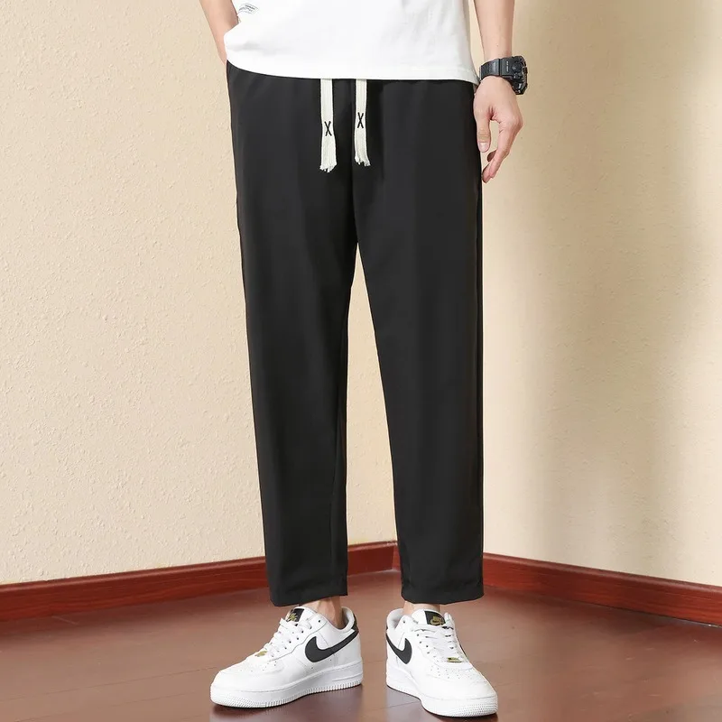 

2024 New Spring and Summer Cropped Pants for Men's Sports Pants, Ice Silk Pants, Loose Mouth Pants, Loose Casual Pants for Men