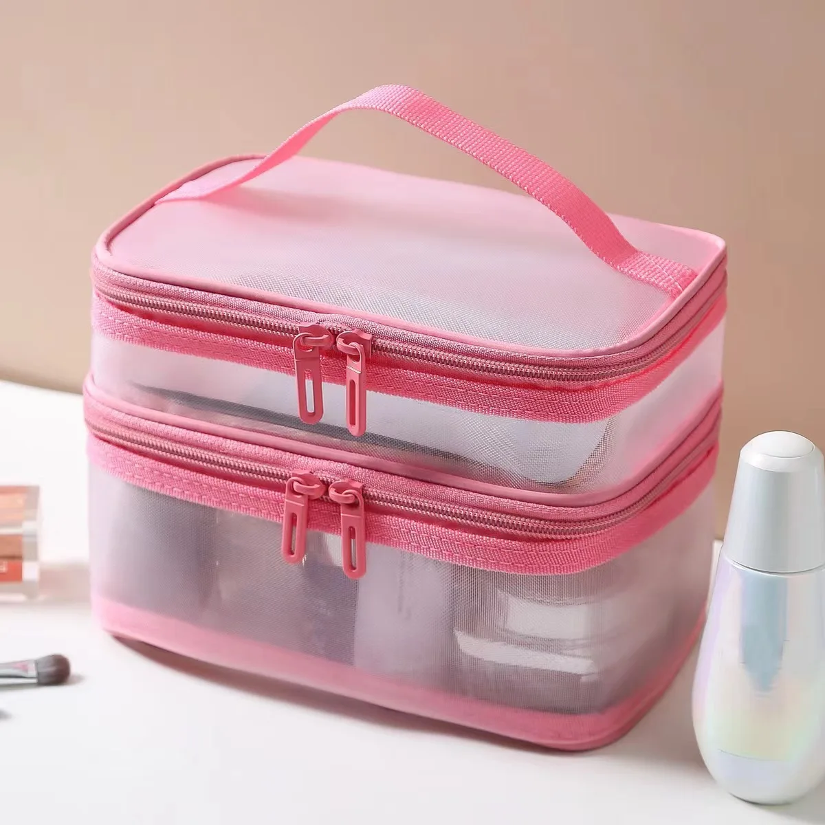 Borsa per il trucco in tessuto a rete di grande capacità travel essentials cosmetics Organizer borsa da toilette per donna borsa per cosmetici con