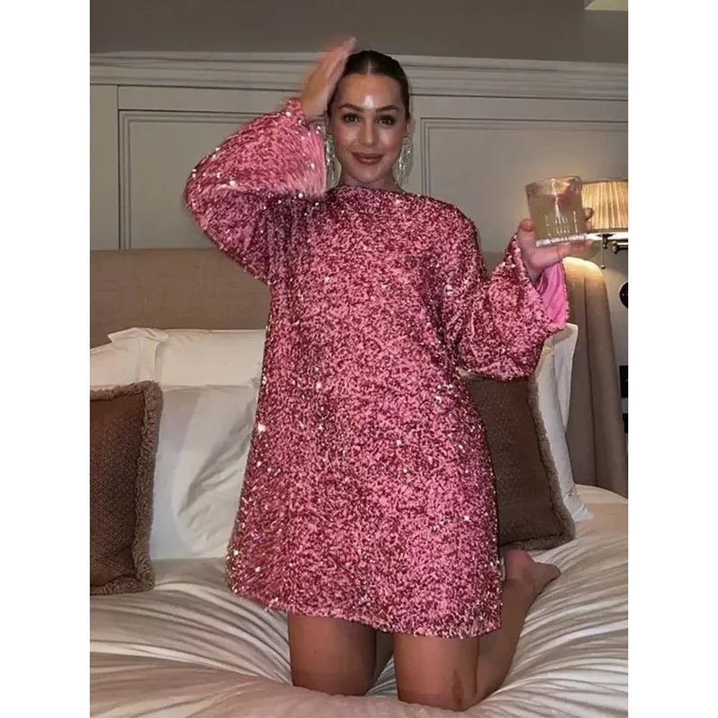 Jinia-Mini robe de soirée à manches longues pour femmes, rose rouge, paillettes, élégante, chic, boîte de nuit, vêtements de fête, dames, mode, 2024