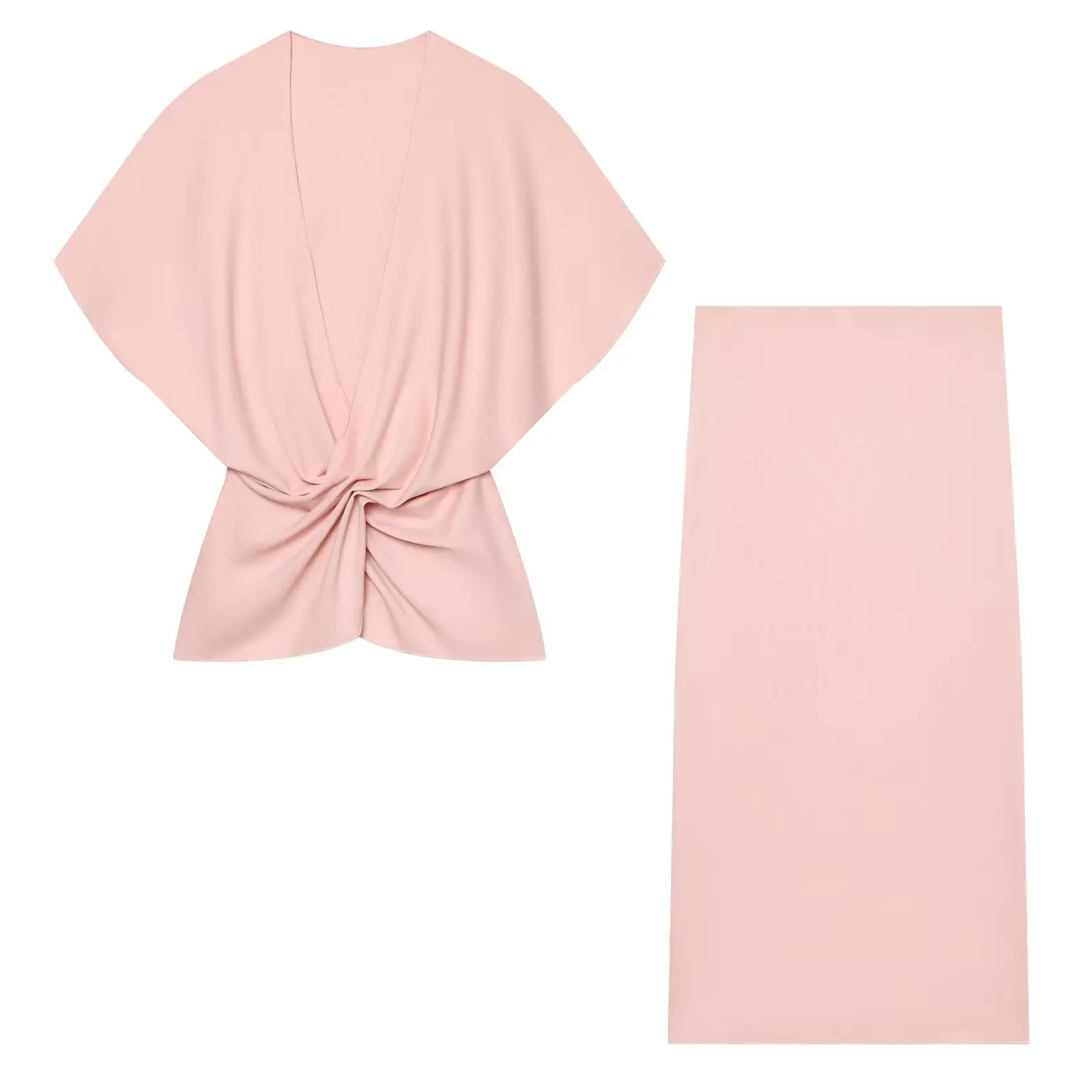 Conjunto Elegante de Dos Piezas para Mujer 2026, Rosa, Top con Escote en V Profundo y Manga Murciélago, Falda Midi Larga, Traje Formal para Fiesta