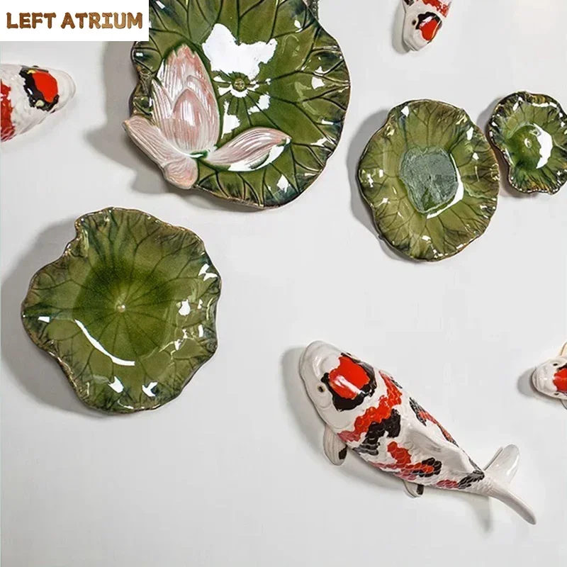 

Carp Lotus Leaf Ceramic Ornaments Wall Hanging Crafts Living Room Decoration Wall Background Display Painted Fish Pendants