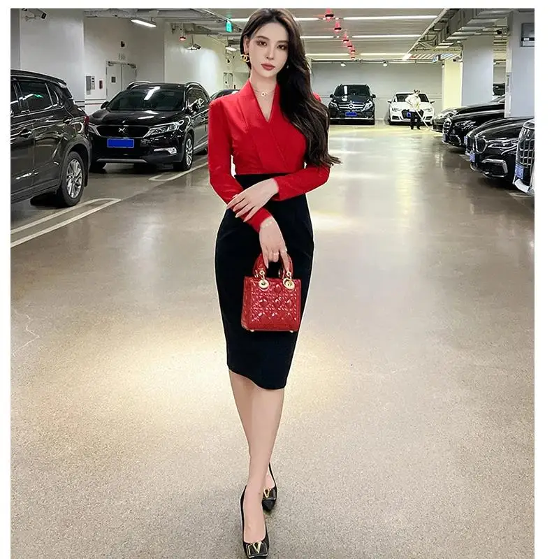 Spring Elegant Midi Dresses for Women Office Lady OL Profession Dress Red Black Panelled Slim Vestido Business Robe Female