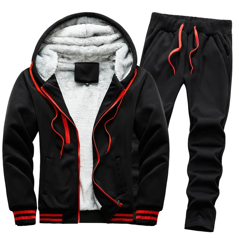 Thickened Fleece Camouflage Sweatshirt Set Men's Winter Warm Sports Two-Piece Suit Hooded Long Sleeve Rabbit Fur Spring