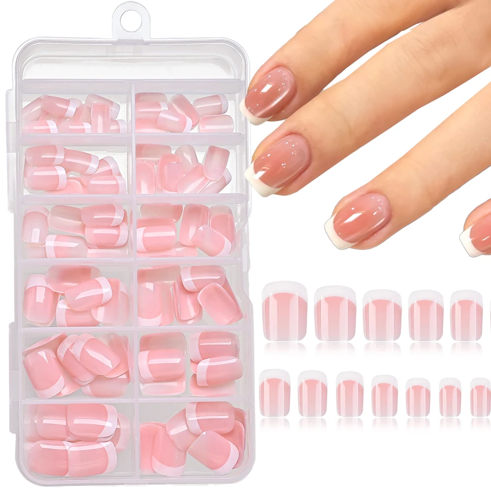 

120Pcs Pink White French Short Square False Nails Soft Gel Glossy Acrylic Press On Nails Full Cover Women Extension Fake Nails#