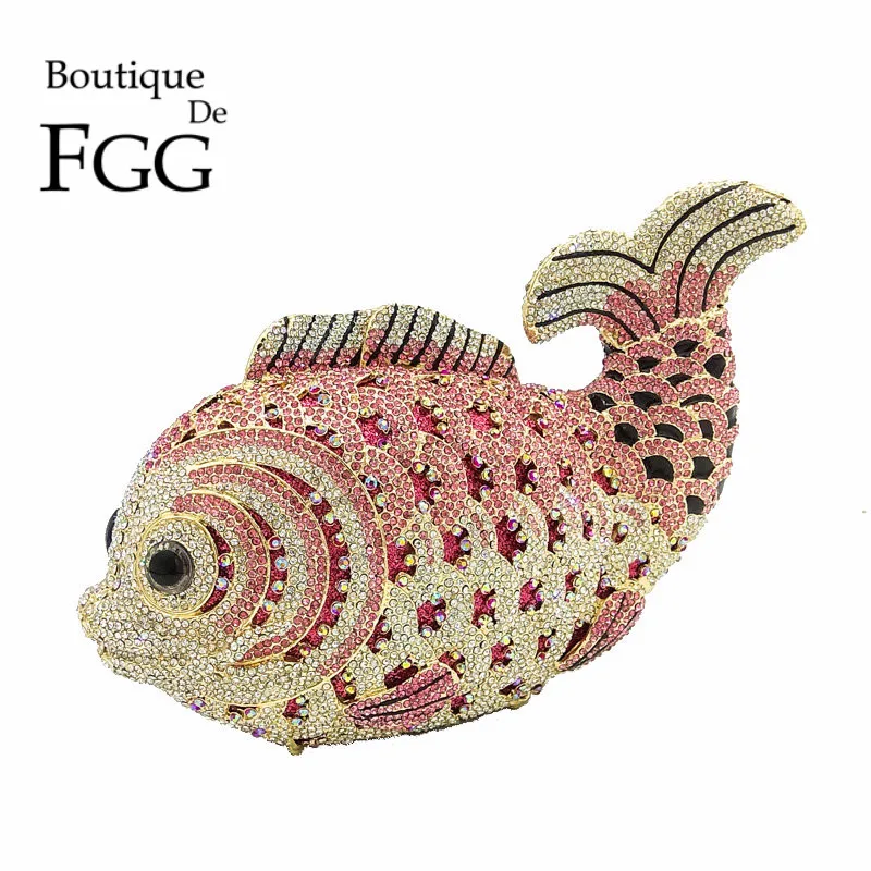 

Boutique De FGG Lovely Pink Fish Clutch Women Crystal Clutch Evening Bags Bridal Wedding Party Rhinestone Handbags