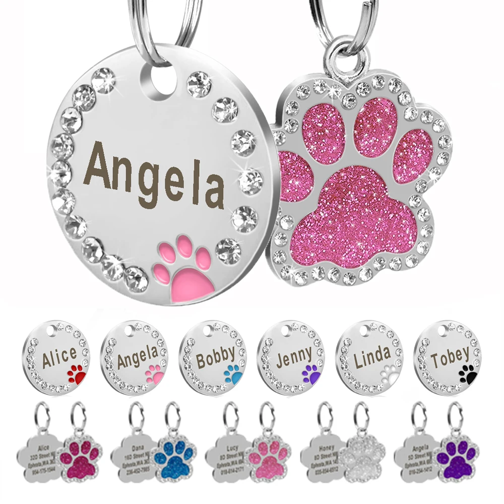 Spersonalizowana zawieszka identyfikacyjna dla psa i kota Bling Rhinestone Puppy Kitten Identyfikatory Anti-lost Obroża dla zwierząt Akcesoria Darmowe grawerowane produkty dla zwierząt
