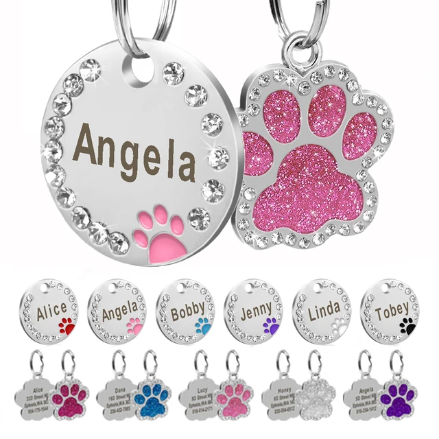 Spersonalizowana zawieszka identyfikacyjna dla psa i kota Bling Rhinestone Puppy Kitten Identyfikatory Anti-lost Obroża dla zwierząt Akcesoria Darmowe grawerowane produkty dla zwierząt